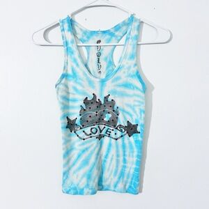 Vintage Top Women's Size M Blue Tie Dye Rhinestone Y2K 2000s Ribbed Tank Top